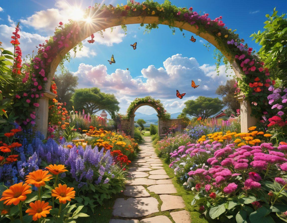 A bright, sunlit garden filled with colorful flowers and cheerful butterflies, symbolizing joy and positivity. In the foreground, a diverse group of people engaged in activities like laughter, gardening, and meditation, radiating happiness. An archway made of blooming plants leads to a vibrant sky with soft clouds. Emphasize a warm, uplifting atmosphere filled with bright colors. super-realistic. vibrant colors. natural setting.