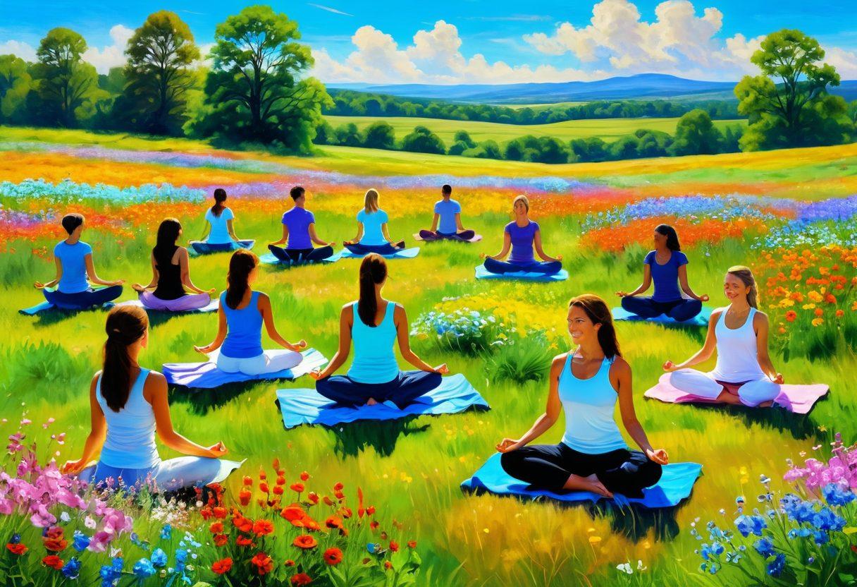 A serene landscape featuring a sunlit meadow filled with colorful wildflowers, a gentle breeze making them sway, and a clear blue sky adorned with fluffy clouds. In the foreground, a diverse group of people engaged in joyful activities like laughing, meditating, and practicing yoga, representing harmony and bliss. The overall atmosphere conveys happiness and tranquility. vibrant colors. impressionist style.