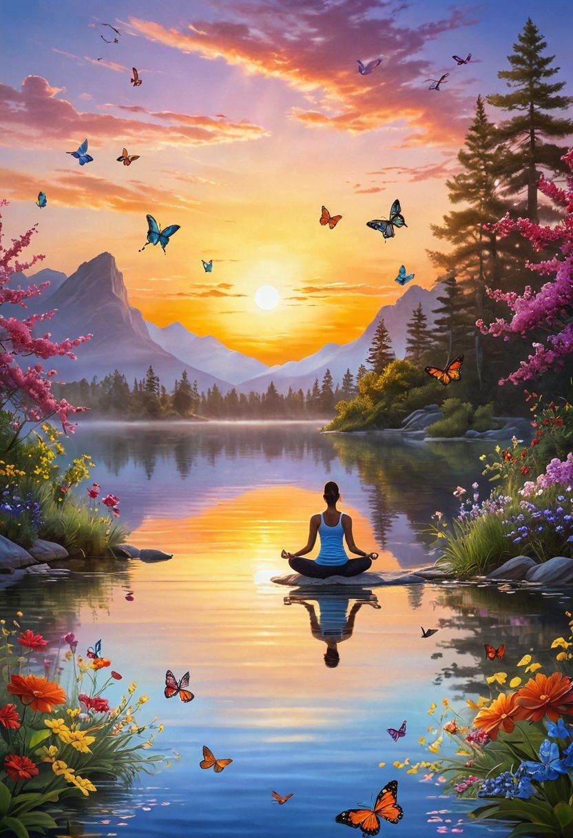 A serene landscape featuring a radiant sunrise over a tranquil lake, with a figure practicing yoga on the shore, surrounded by blooming flowers and butterflies. The image conveys a sense of peace, joy, and vitality, symbolizing the journey to happiness. Bright, cheerful colors illuminate the scene, enhancing the feeling of warmth and positivity. super-realistic. vibrant colors. soft focus.